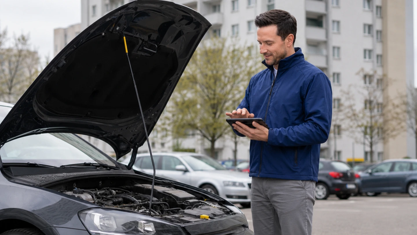 Autohändler prüft Fahrzeugmotor in Lengerich Wohngebiet